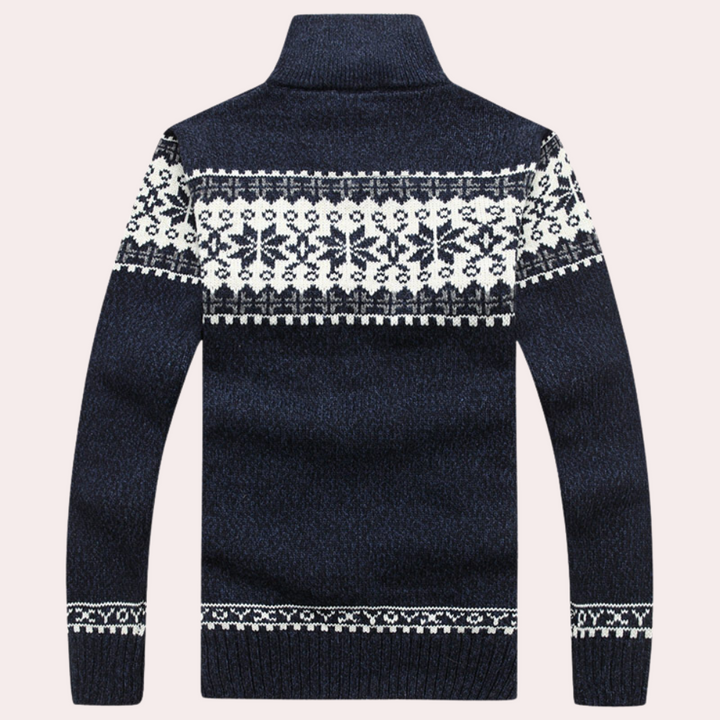 Warm men's full zip cardigan sweater, featuring unique patterned knitwear for comfortable and stylish winter wear.