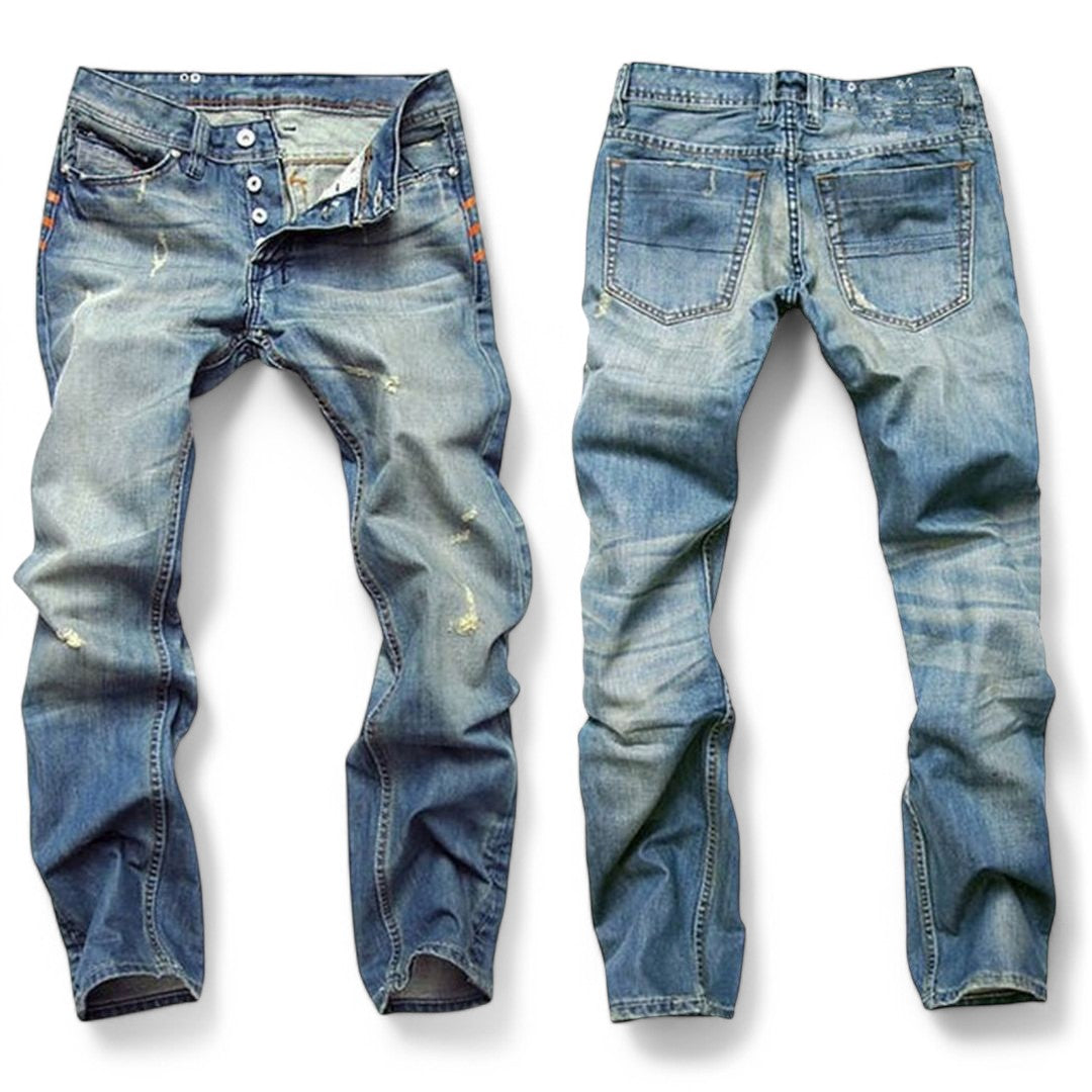 Comfortable men's blue jeans, classic fit, ideal for daily wear in spring & autumn.