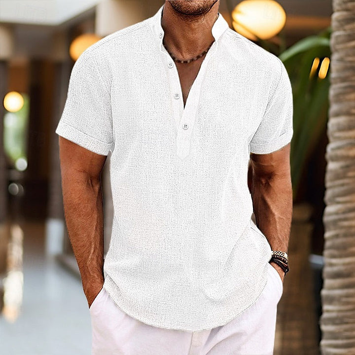 Stylish men's short sleeve henley tee featuring a button placket and band collar for modern fashion.