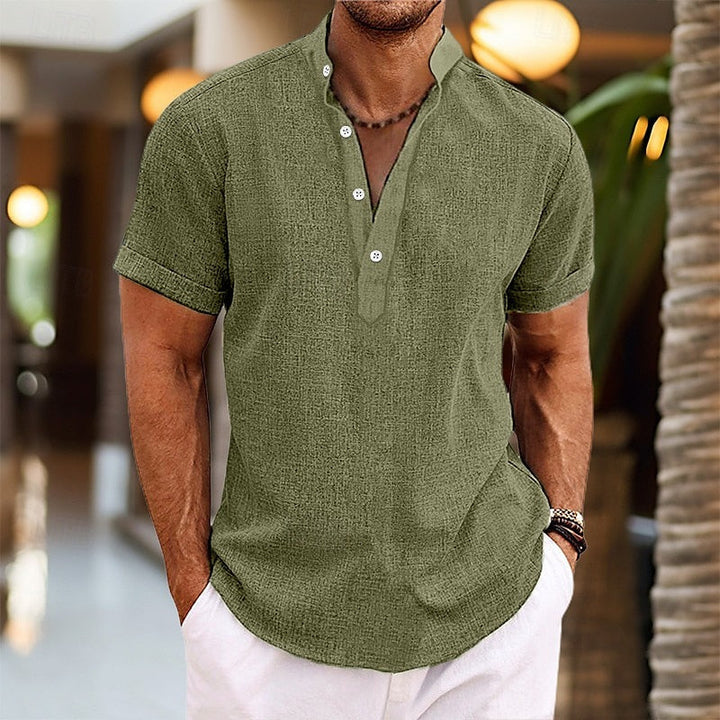 Men's casual short sleeve henley top, featuring a subtle band collar and classic button placket for comfort.