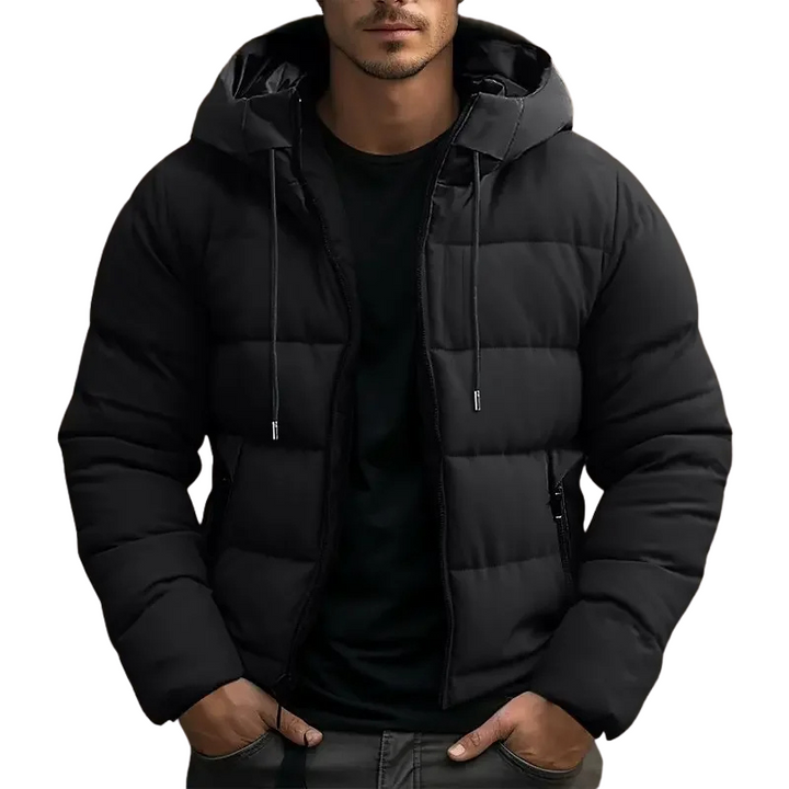 Black men's quilted puffer jacket with hood, essential warm outerwear for winter.