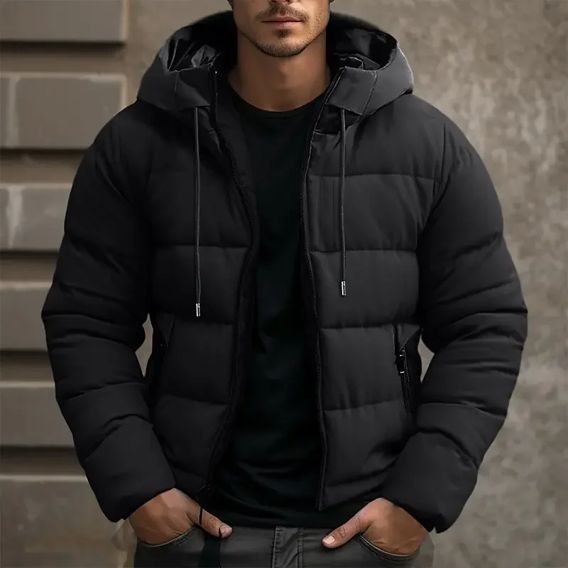 Navy blue men's quilted winter coat with hood, perfect for casual cold weather style.