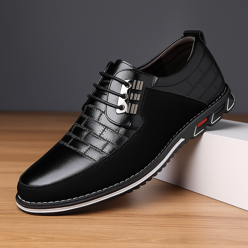 Close-up of men's comfort oxfords, highlighting the unique woven design & quality craftsmanship.