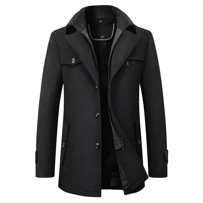Stylish men's classic mid-length pea coat in dark wool, perfect warm winter outerwear for cold weather fashion.