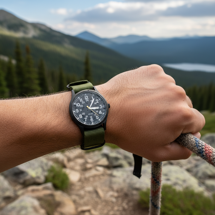 Men's durable outdoor watch, waterproof, scratch-resistant, perfect for adventure.