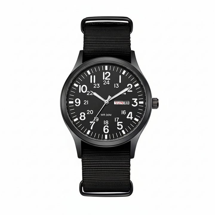 Close-up of a men's waterproof outdoor watch with a clear, scratch-resistant display.