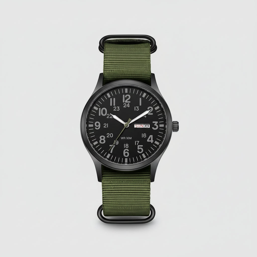 Adventurous man wearing a durable men's outdoor watch, waterproof & ready for sports.