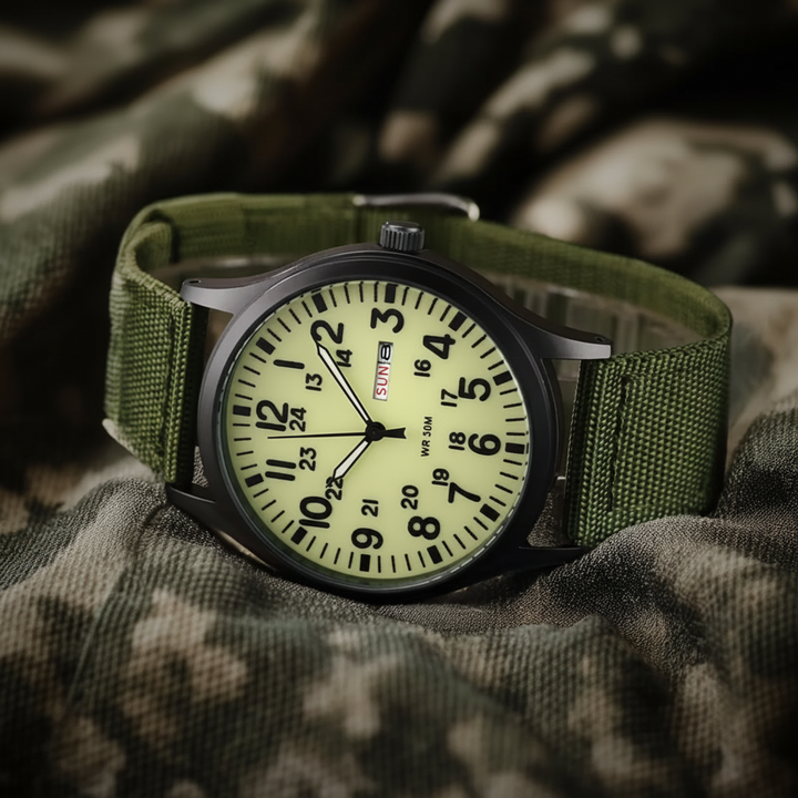 Black dial men's durable outdoor watch, waterproof, scratch-resistant, stainless steel case.