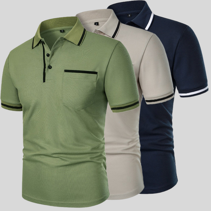 Men's classic short sleeve polo shirt featuring a functional chest pocket. Great for daily comfort.