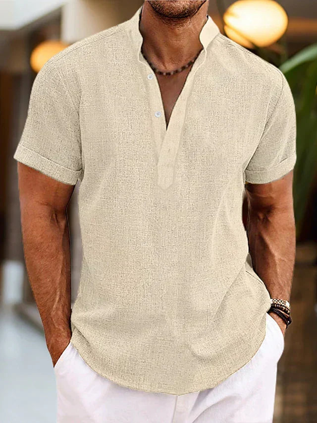 Casual men's short sleeve Henley shirt, great for summer, vacations, and relaxed everyday style.