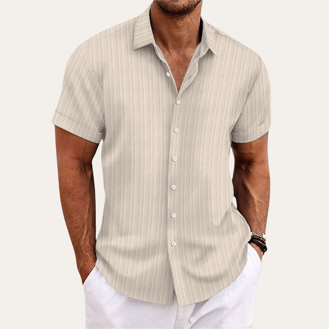 Men's casual short sleeve button-up shirt, a stylish striped summer top.