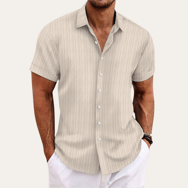 Men's casual short sleeve button-up shirt, a stylish striped summer top.
