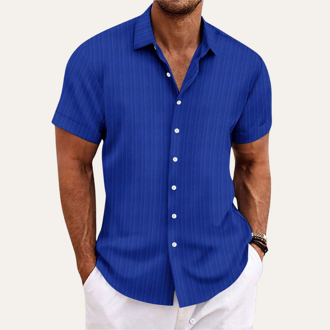 Striped men's casual short sleeve button-up shirt, perfect for summer fashion.