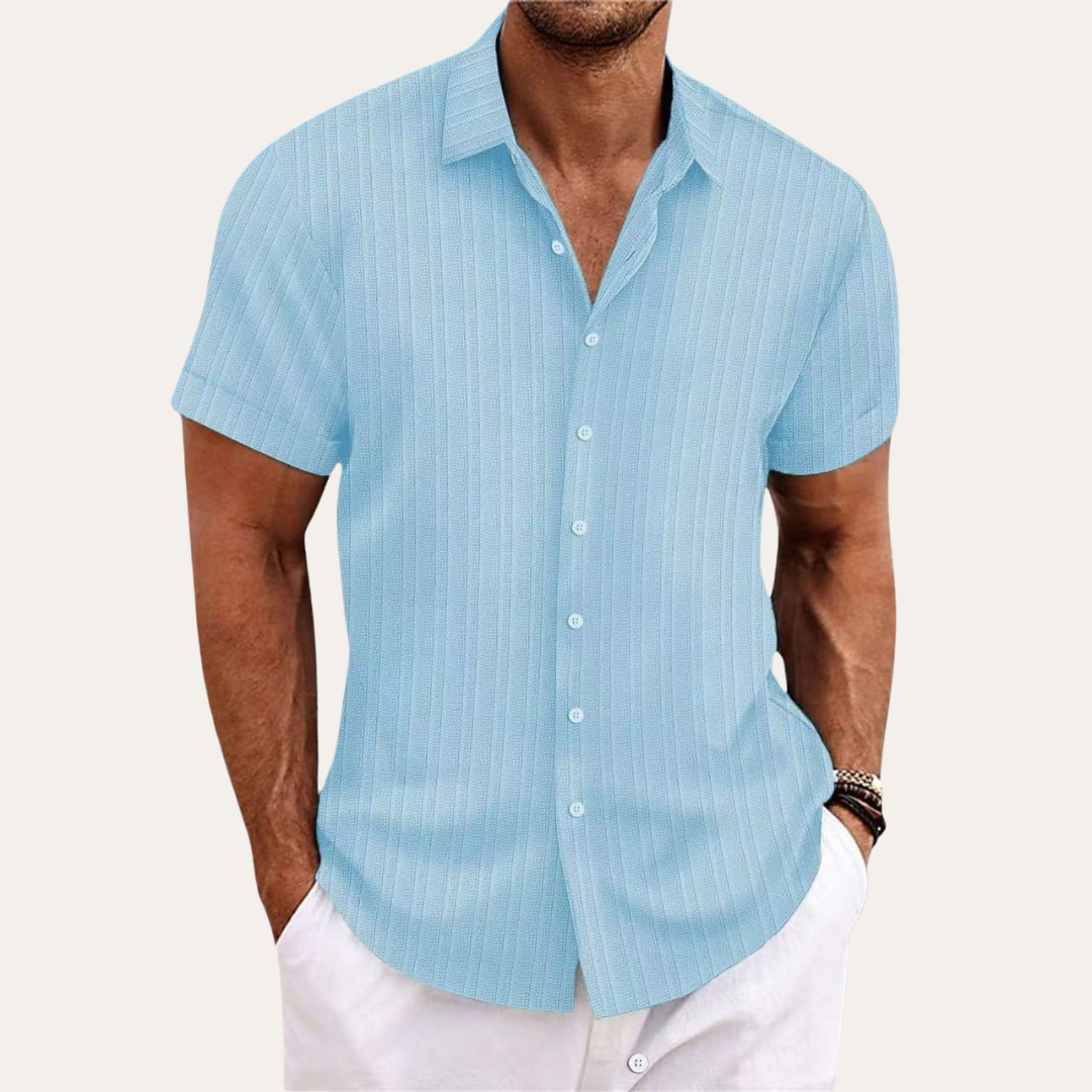 Stylish striped men's regular fit short sleeve button-up shirt, essential casual wear.