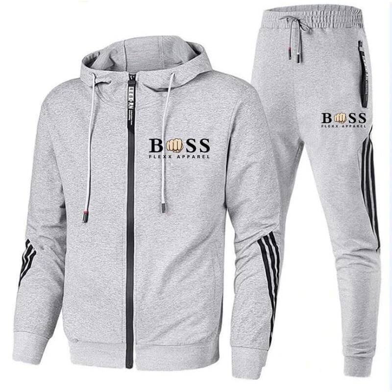 Stylish men's 2-piece sports set. Modern gym outfit for active lifestyles. Breathable athletic wear.