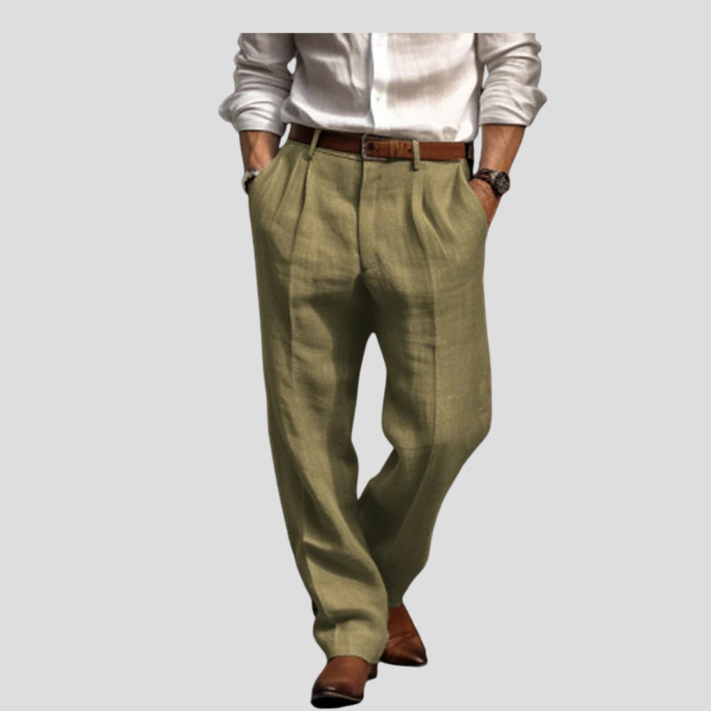 Refined men's chino-style woven trousers. Tailored fit for smart casual and comfortable everyday wear.