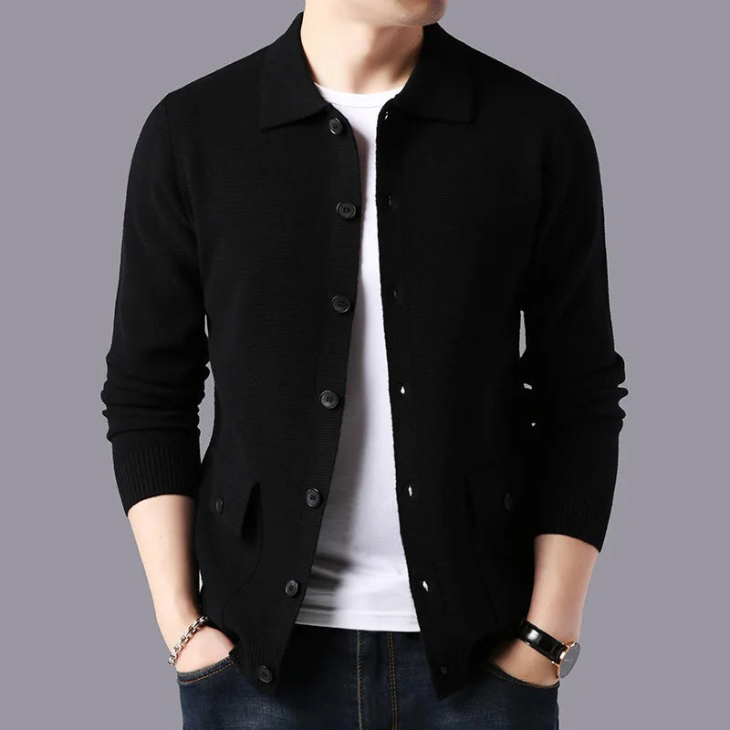Versatile men's collared knit cardigan sweater jacket, a comfortable button-down layering piece for casual menswear.