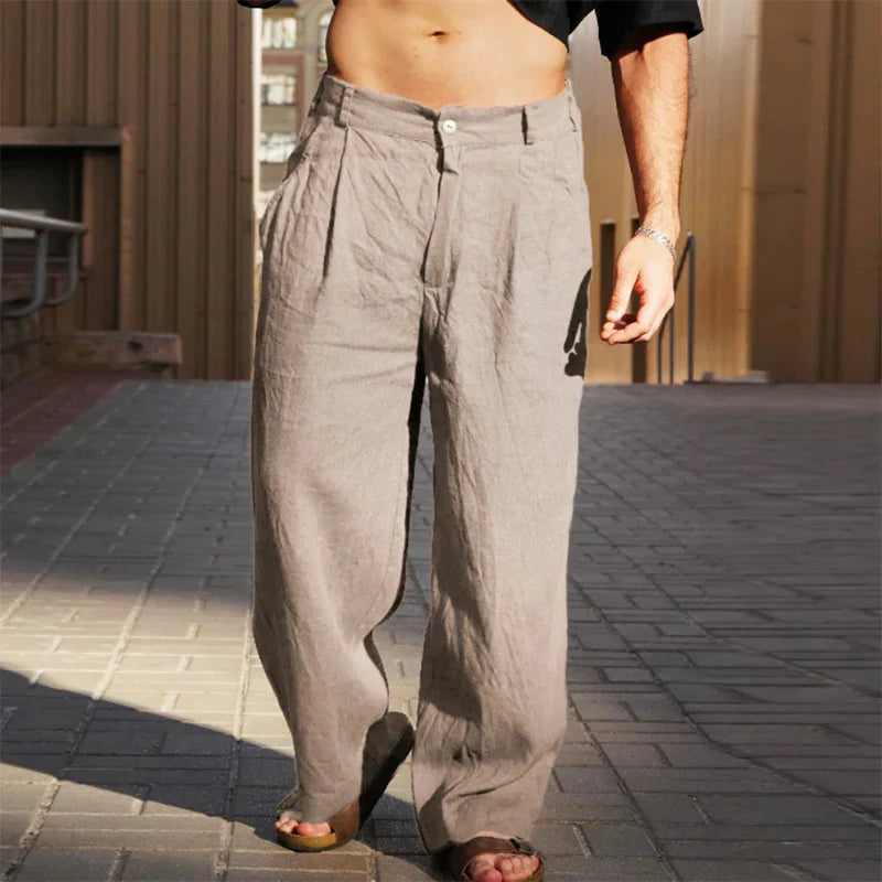 Khaki men's wide leg loose fit pleated casual pants, ultimate comfort & stylish versatile trousers.
