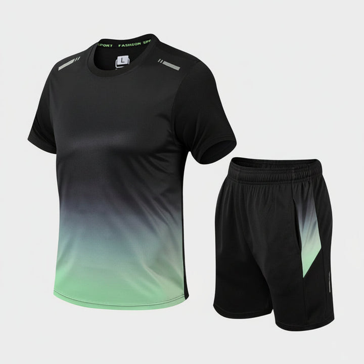 Comfortable men's athletic wear set. Moisture-wicking fitness apparel, perfect for workouts or casual daily use.