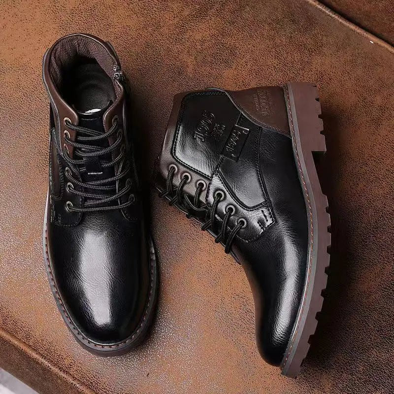 Men's durable work boots, rugged design with sturdy lace-up front & convenient side zip for easy wear.