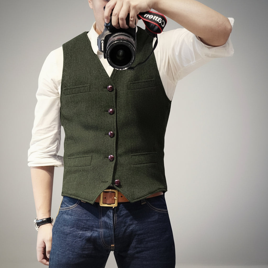 Stylish multi-color men's dress vest with button-up front, suitable for weddings, office & events.