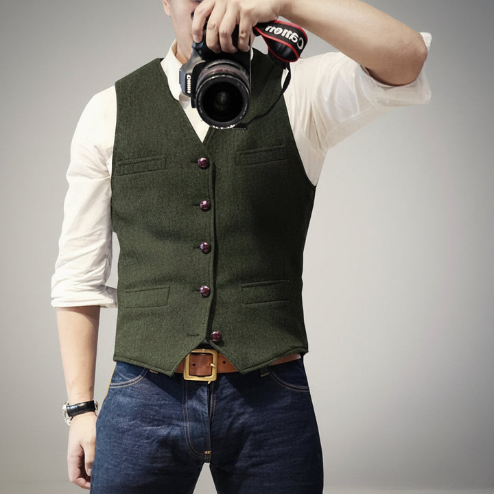 Stylish multi-color men's dress vest with button-up front, suitable for weddings, office & events.