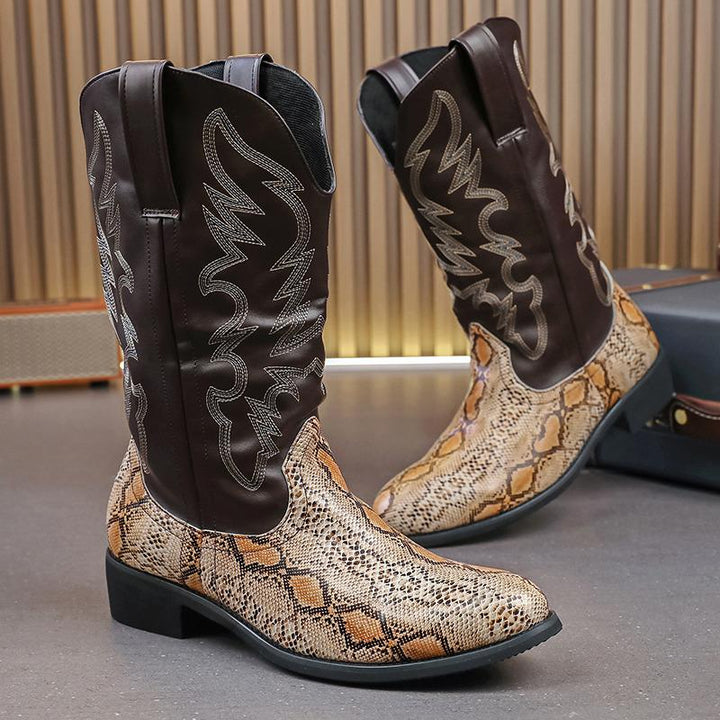 Durable men's mid-calf western boots featuring pull tabs & pointed toe. Classic cowboy style for versatile wear.
