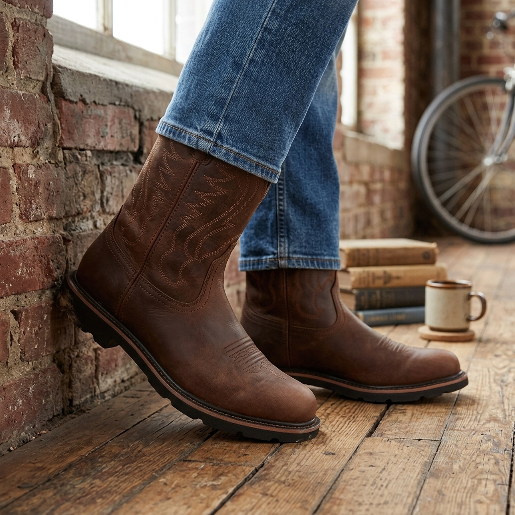 Premium men's classic round toe mid-calf cowboy boots, durable & comfortable for long-lasting western style.