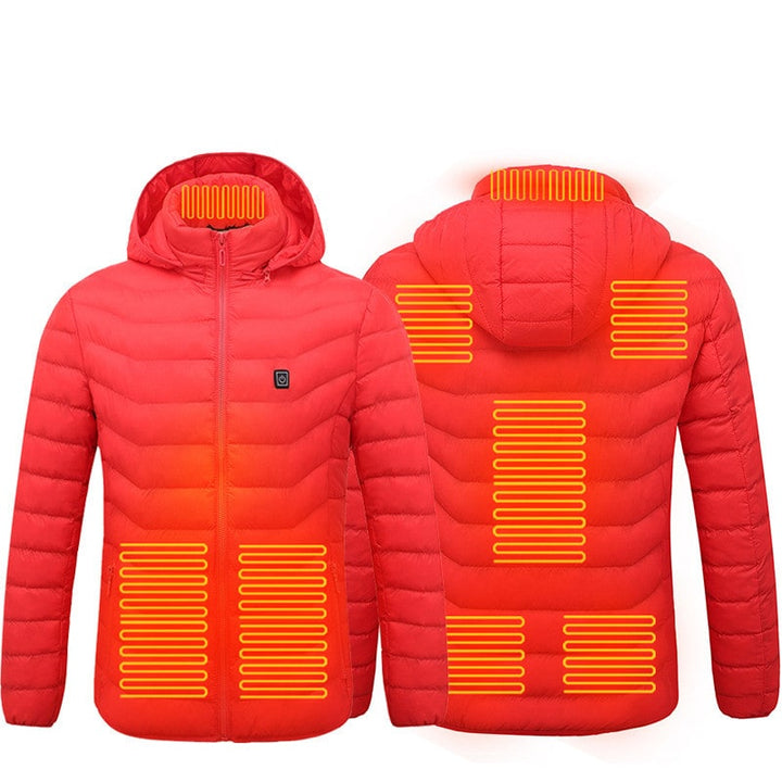 Men's black heated puffer jacket with hood for ultimate winter warmth & outdoor activities.