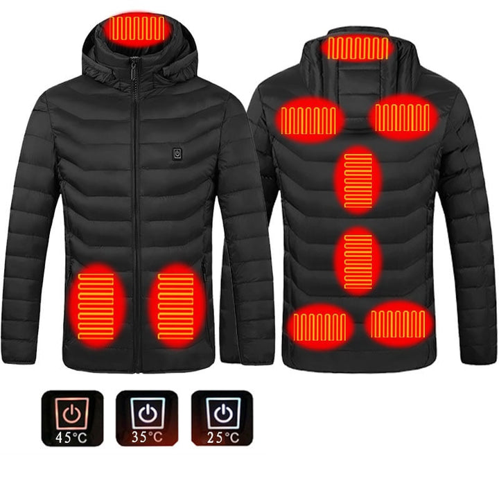 Comfortable men's heated puffer jacket with hood, provides thermal insulation for winter cold weather.
