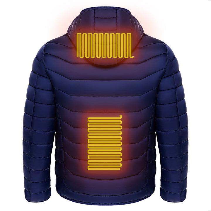 Men's full-zip heated puffer jacket, hooded, essential cold weather outerwear for skiing & outdoor winter.