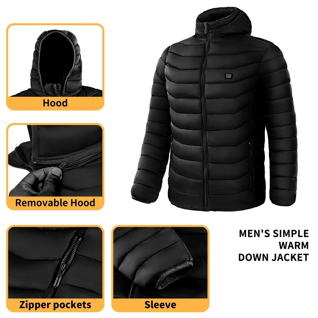 Versatile men's heated puffer jacket with hood, offers warmth & insulation for all winter outdoor activities.