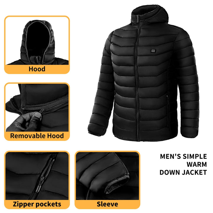 Versatile men's heated puffer jacket with hood, offers warmth & insulation for all winter outdoor activities.