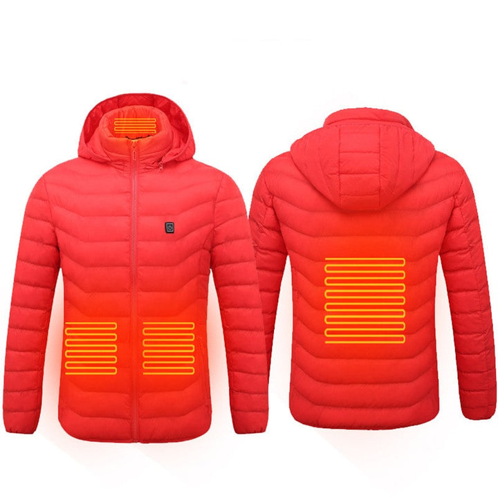 Protective men's hooded heated puffer jacket, full zip, ultimate winter warmth for cold weather & outdoor sports.