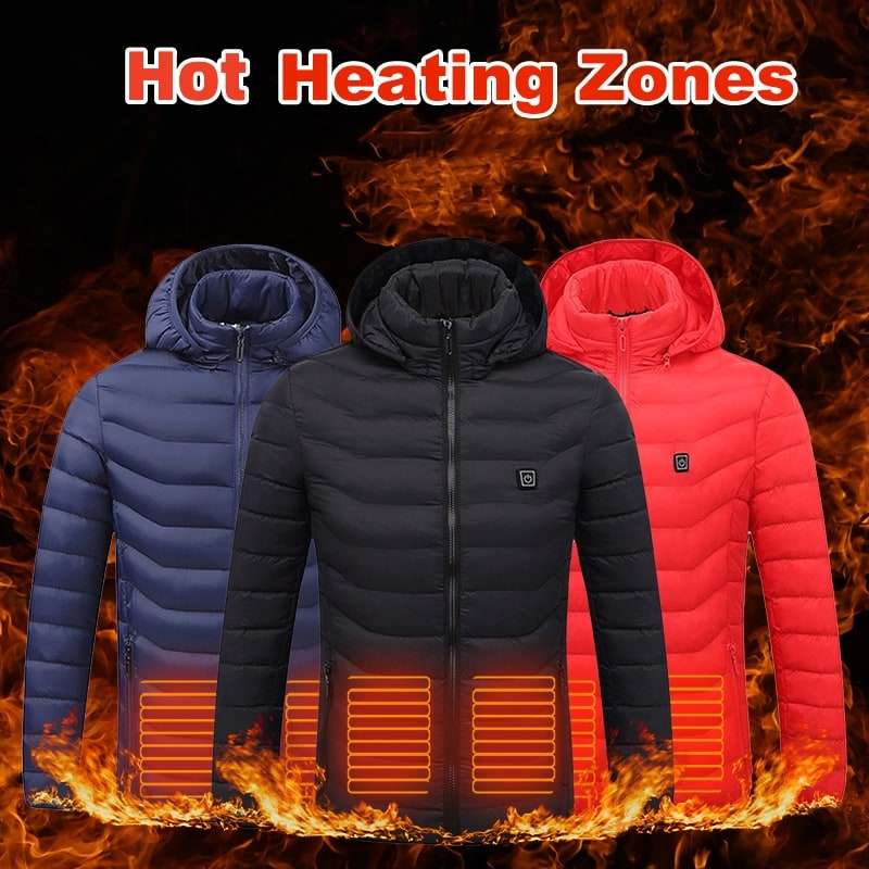 Thermal men's heated puffer jacket, full-zip, hooded, perfect for cold weather & skiing.