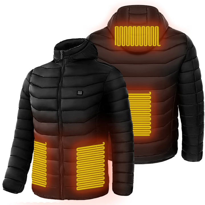 Stylish men's hooded puffer jacket, heated for supreme winter comfort & cold weather protection.