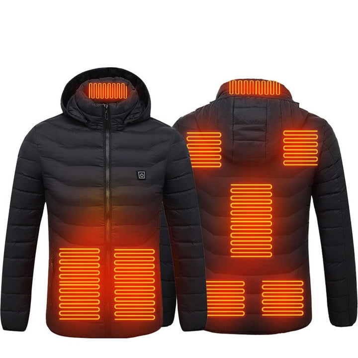 Men's hooded heated puffer jacket, full zip, designed for ultimate warmth during winter outdoor sports.