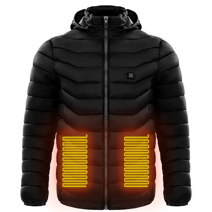 Durable men's heated puffer jacket with hood, offers superior insulation for cold weather & skiing.