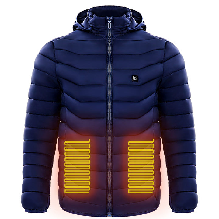 Men's winter heated puffer jacket, hooded, thermal, full zip, ideal for snow & outdoor adventures.