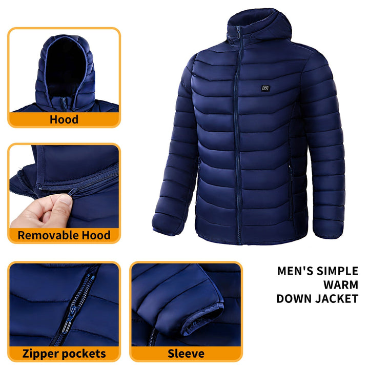 Men's heated hooded puffer jacket for winter, ultimate warmth, perfect for cold weather & outdoor use.