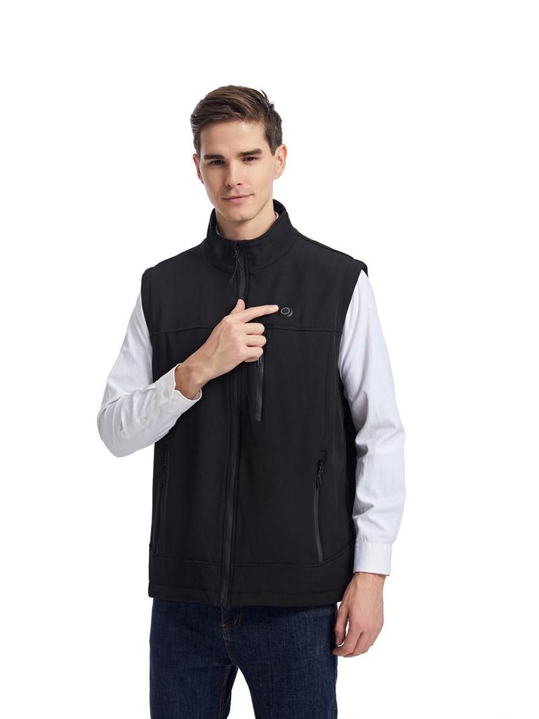 Thermal men's heated vest, zip front, stand collar, providing essential warmth for winter adventures.