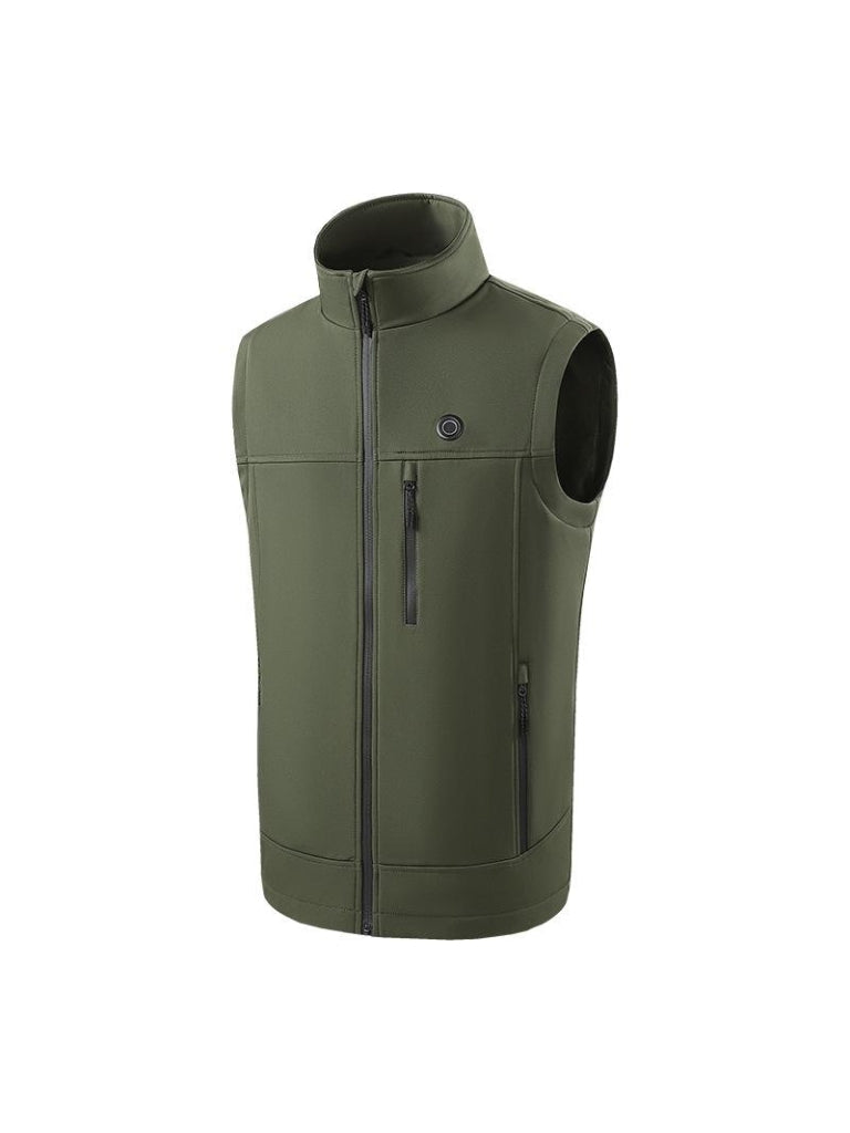 Black men's heated vest, zip front, stand collar, providing adjustable warmth for winter sports.