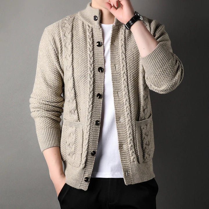 Classic men's cable knit cardigan. Stand collar, button-up knitwear for versatile everyday fall style.