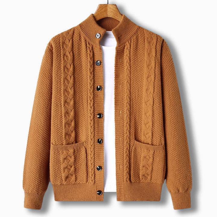 Men's button-up cable knit cardigan with a stylish stand collar. Cozy & versatile knitwear.