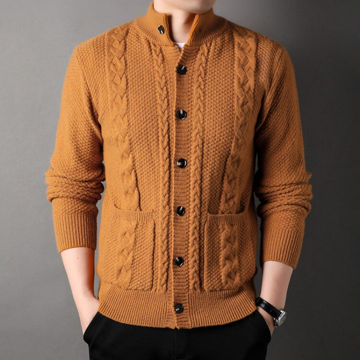 Men's long-sleeve cable knit cardigan. Stand collar & button-up closure for casual to smart casual wear.