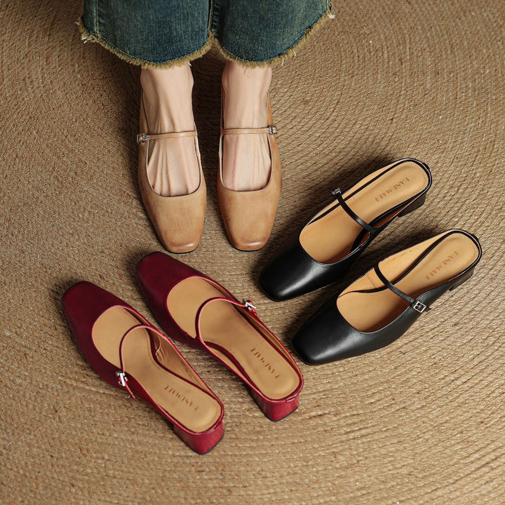 Side profile: Stylish women's Mary Jane mules with block heel, square toe, buckle detail.