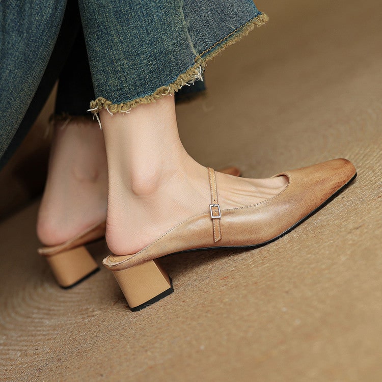 Fashionable womens Mary Jane shoes, block heel, square toe, and buckle fastening.