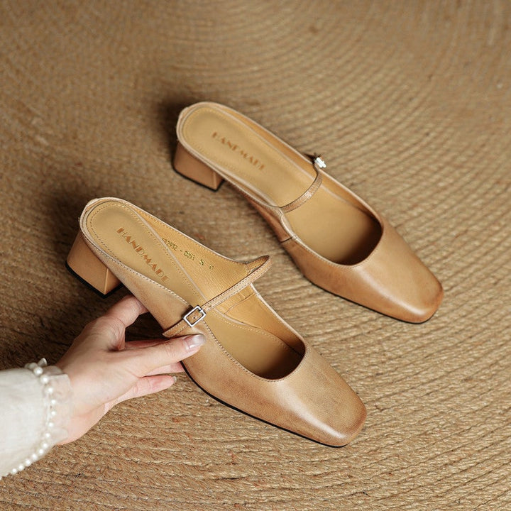 Everyday comfortable women's mules, Mary Jane style, block heel, square toe, buckle.