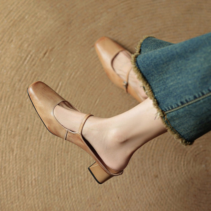 Womens Mary Jane mules with distinctive square toe, stable block heel & smart buckle strap.