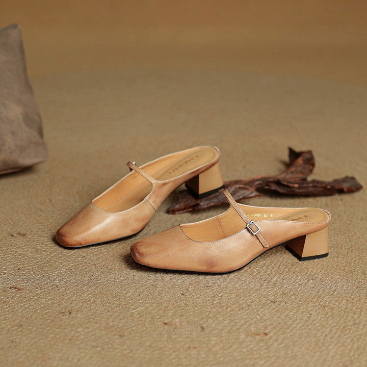 Sophisticated women's Mary Jane mules, block heel, square toe, perfect for work or casual.